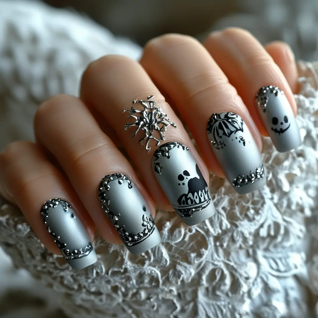 Halloween silver nail art