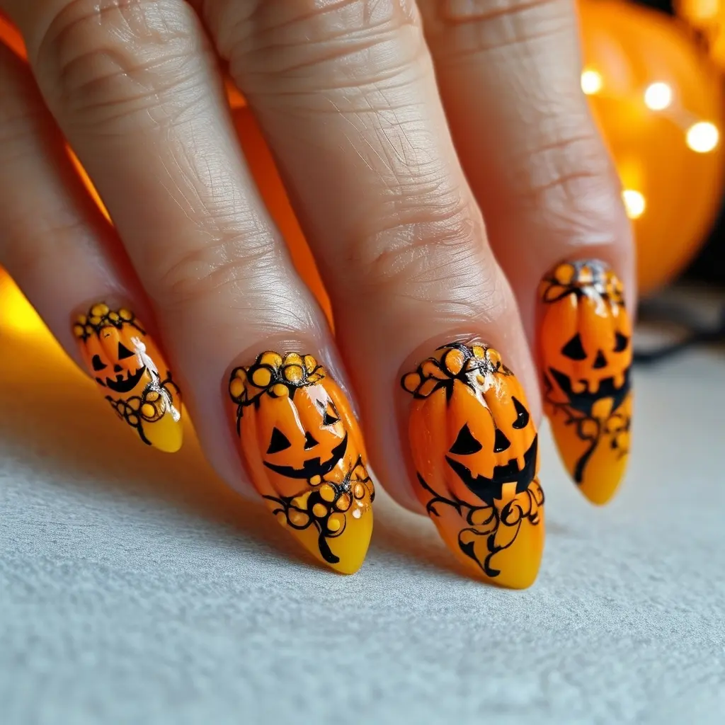 orange color pumpkins nail art design