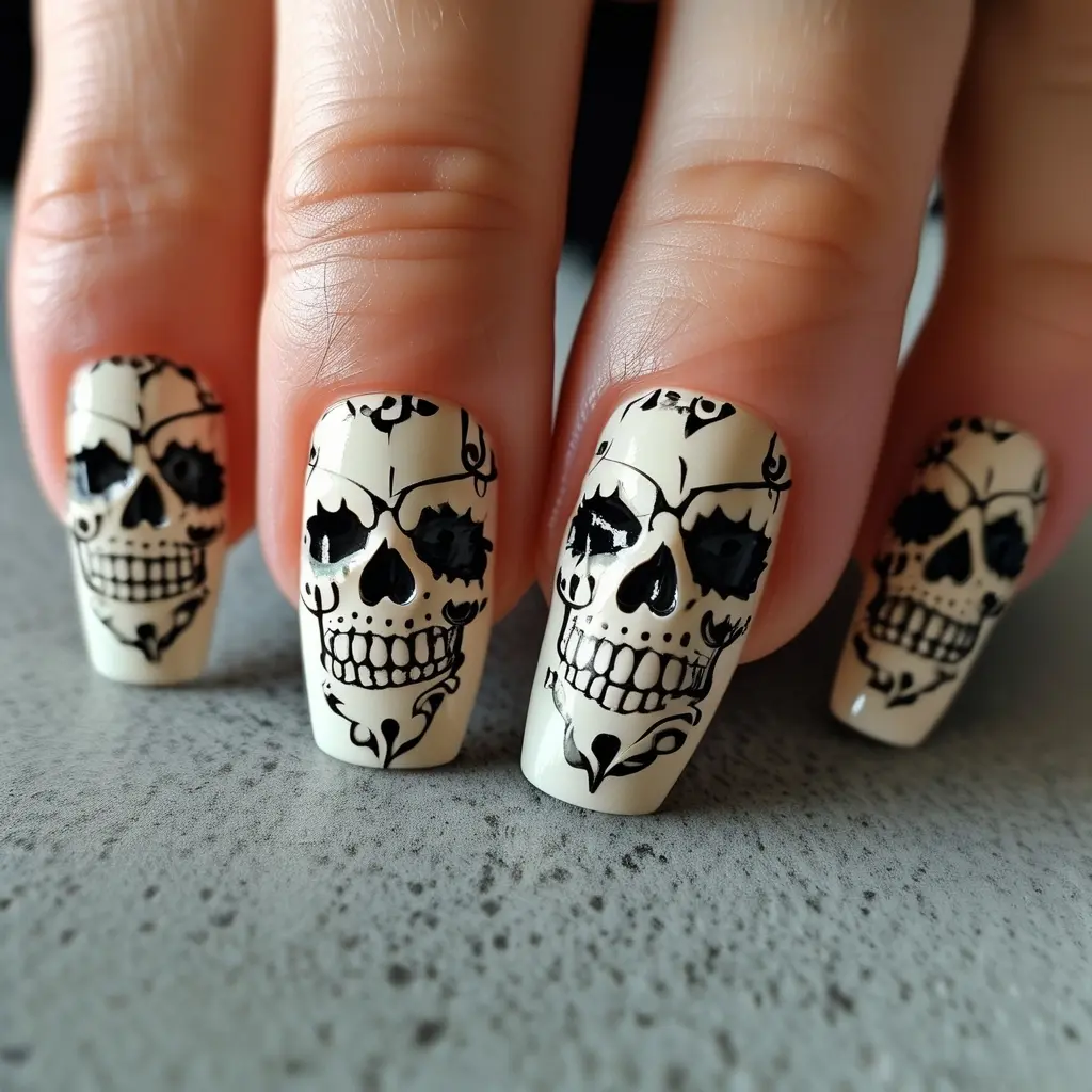 white Skeleton Nails  design art