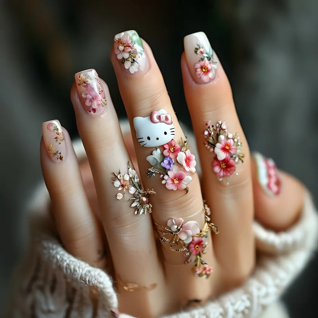 Hello Kitty theme nail design