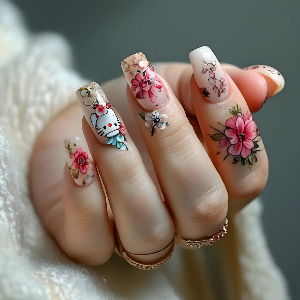 Hello Kitty theme nail design