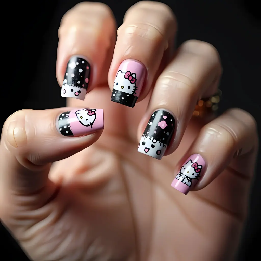 pink black  Hello Kitty Nail Art Design