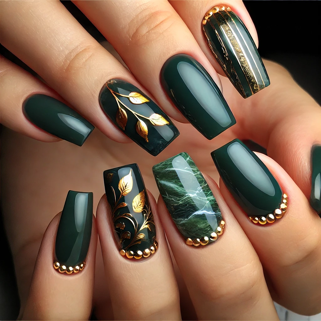 Matte Green with Gold Nail Design