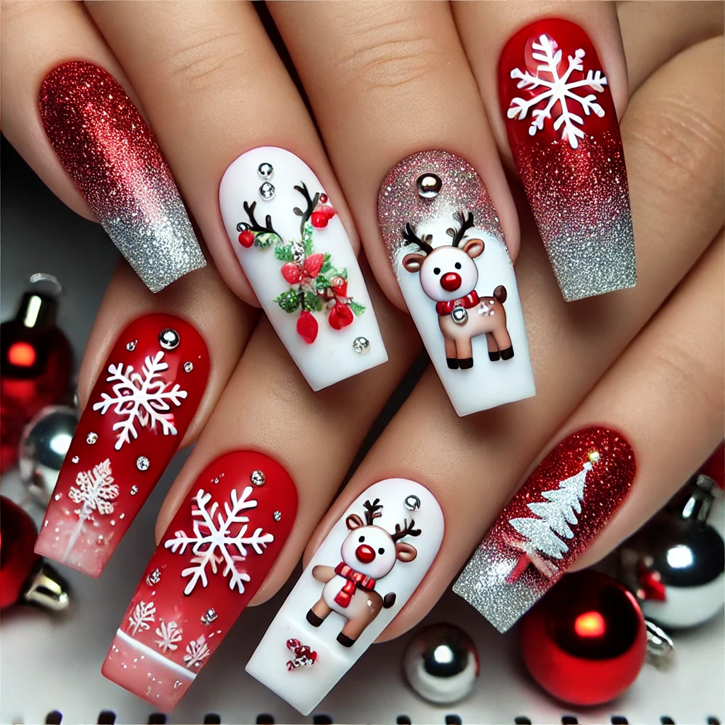 Rhinestone and 3D Christmas Nail 