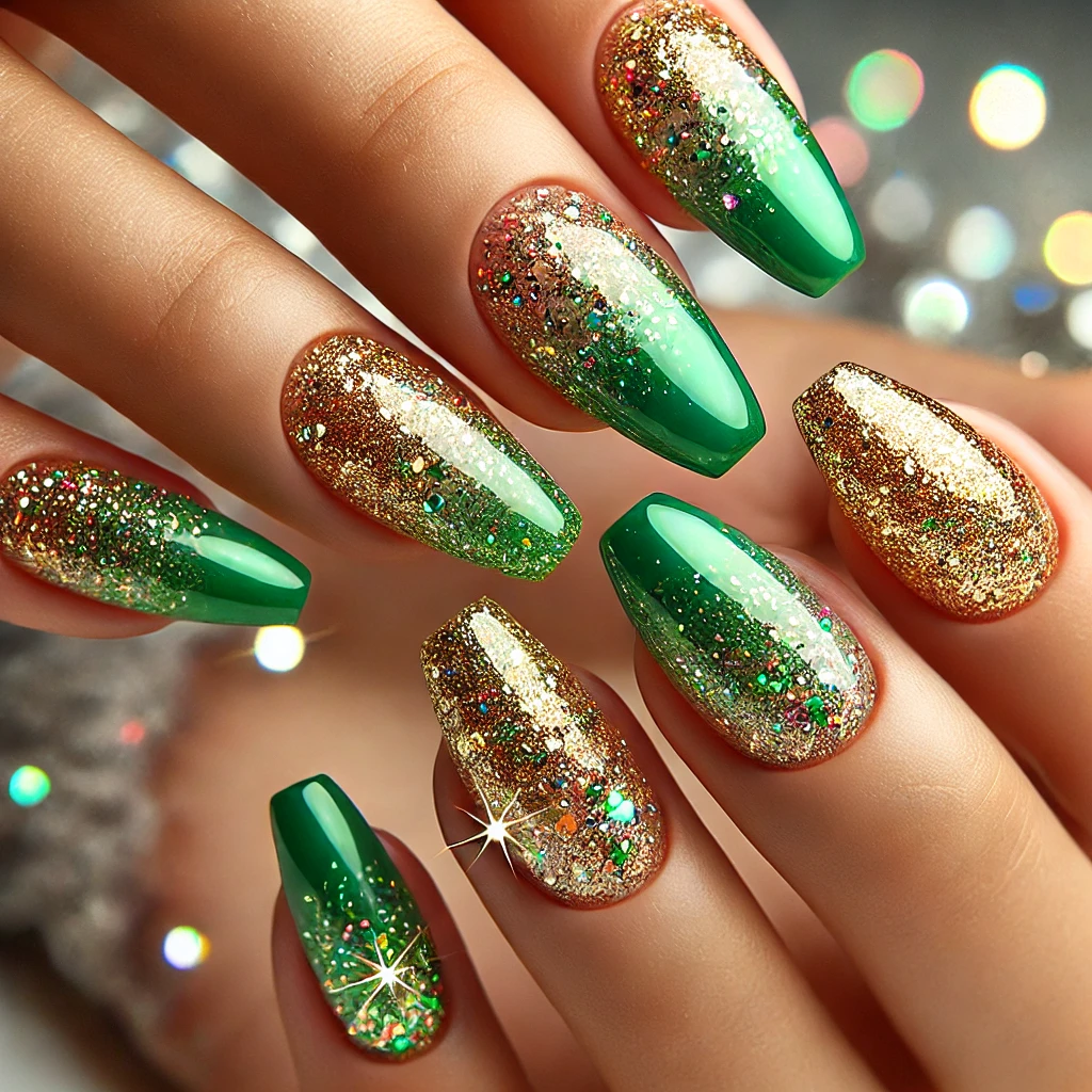 Gold Glitter Starburst on Matte Green nail 