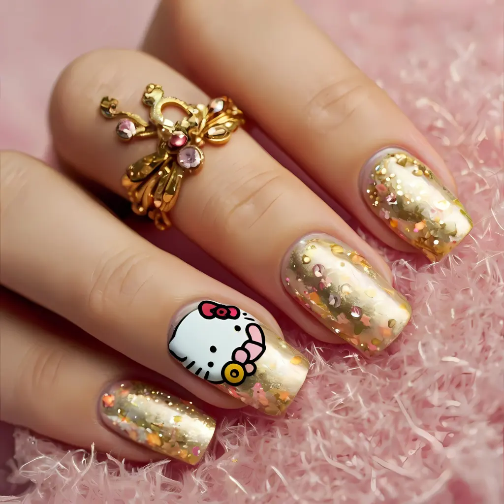 golden Hello Kitty Nail Art Design