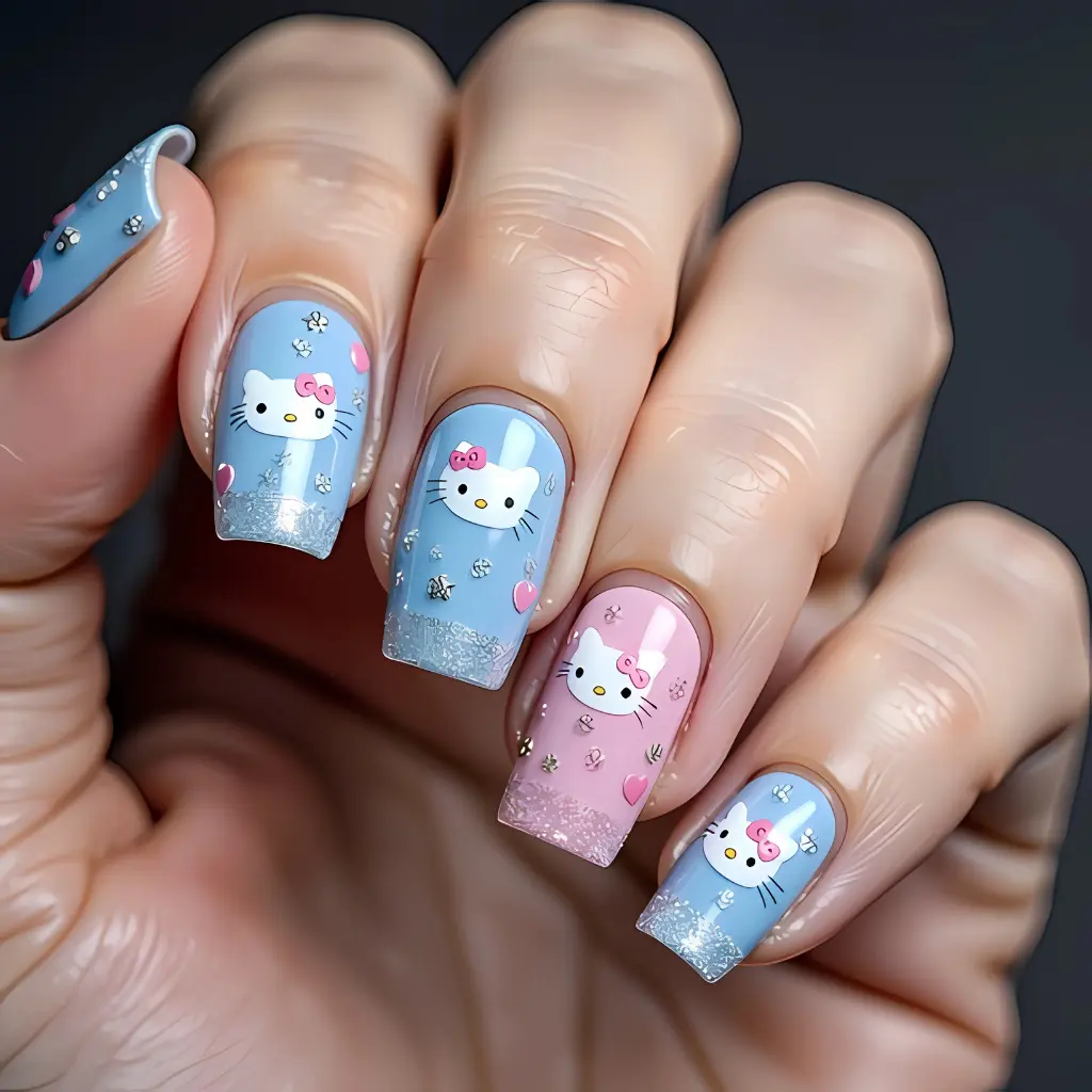 blue Hello Kitty Nail Art Design