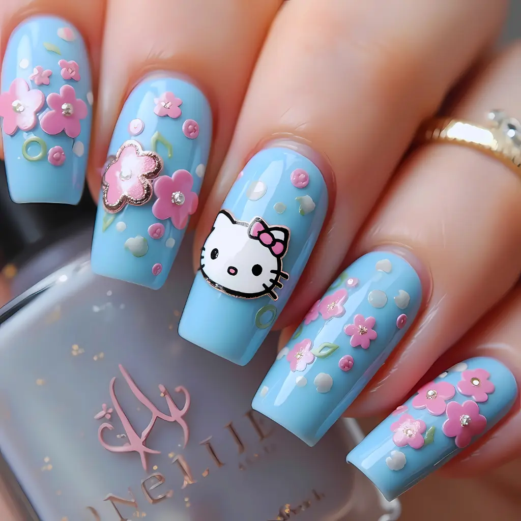 blue Hello Kitty Nail Art Design