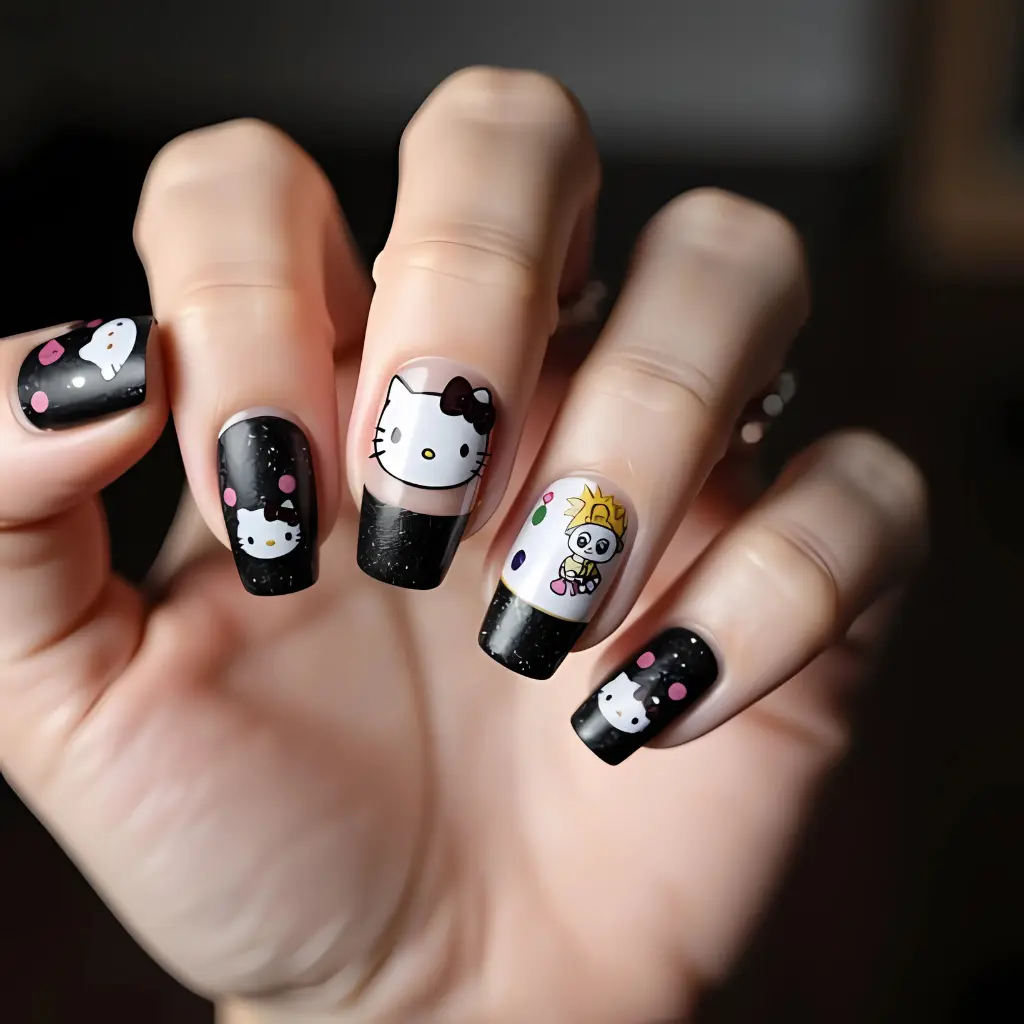 black white Hello Kitty Nail Art Design