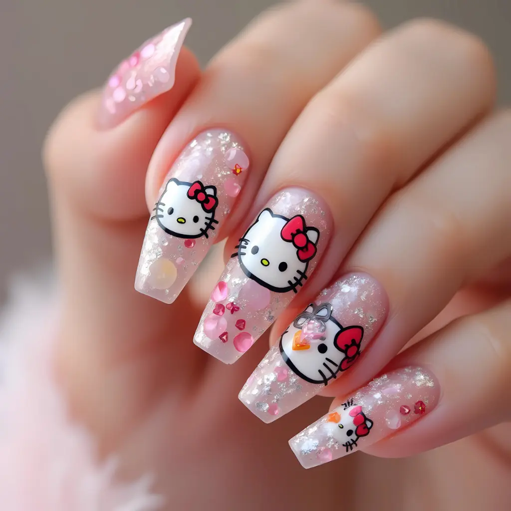 long 3d pink Hello Kitty Nail Art Design