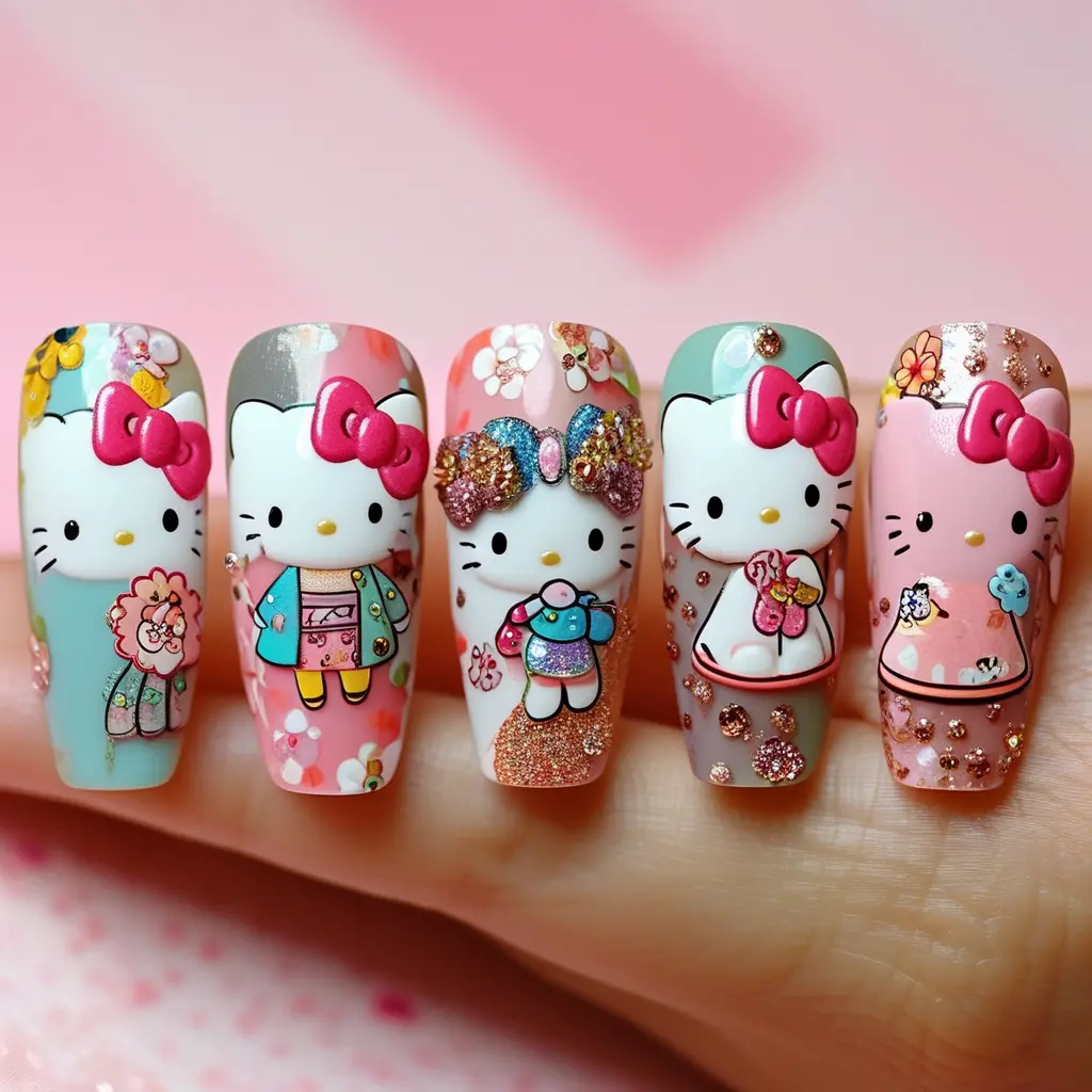 long pink  Hello Kitty Nail Art Design