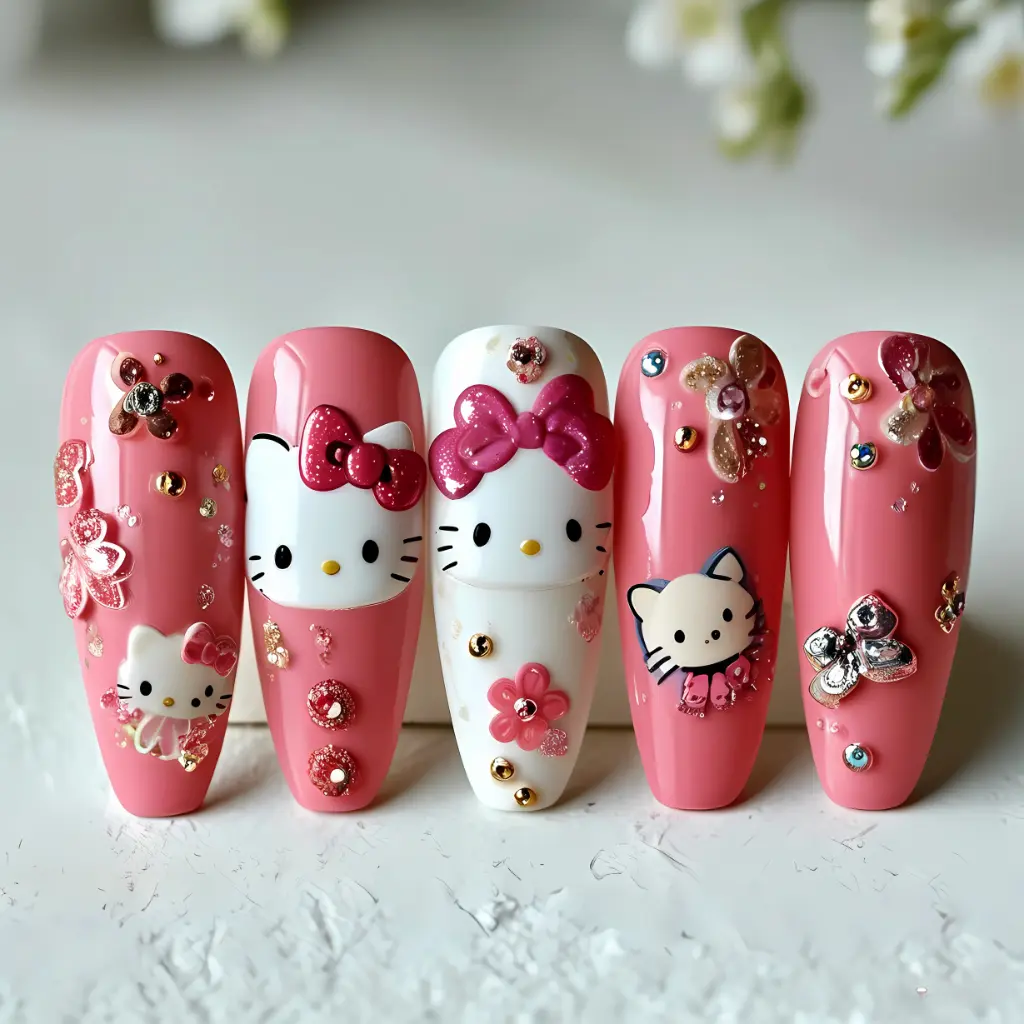 Long Nail Designs Featuring Hello Kitty