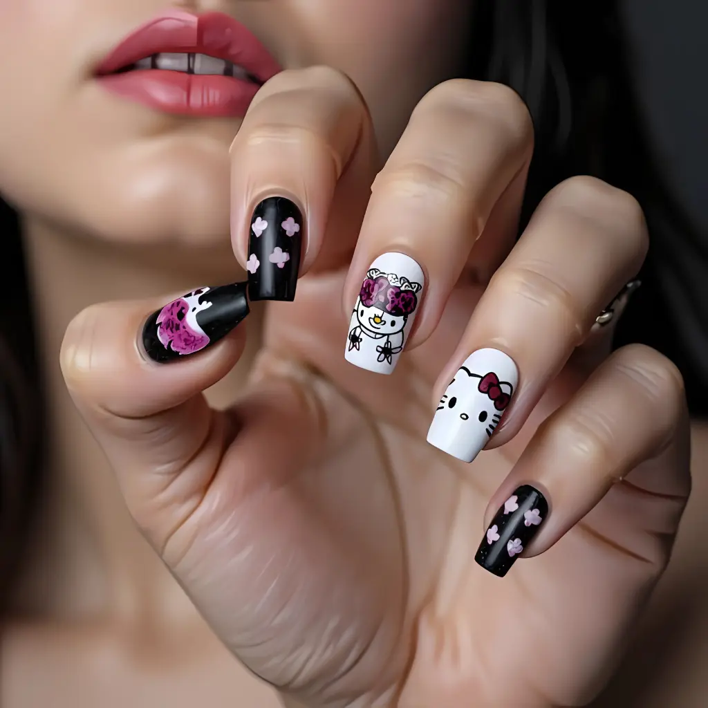 black white Hello Kitty Nail Art Design