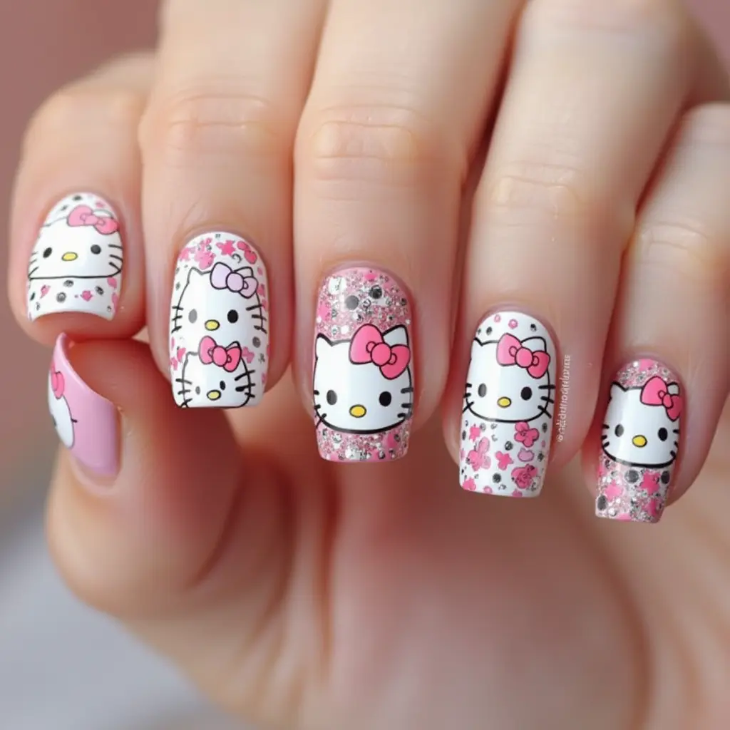 pink  Hello Kitty Nail Art Design