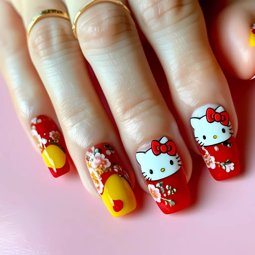 orange and red  Hello Kitty Nail Art Design