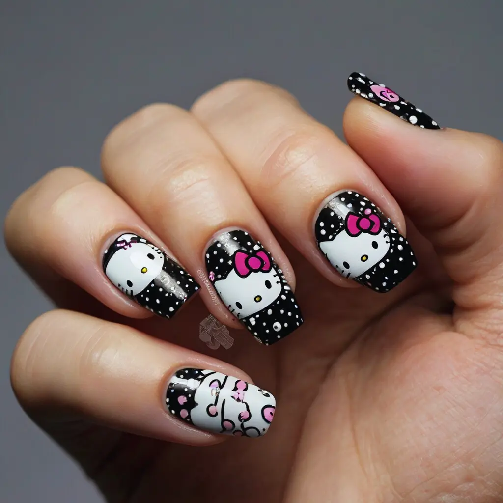 black white Hello Kitty Nail Art Design