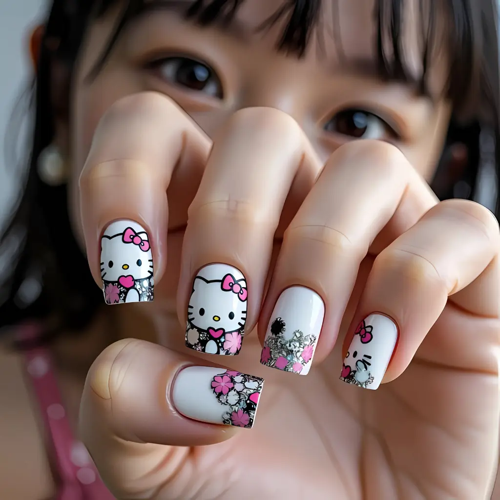 white Hello Kitty Nail Art Design