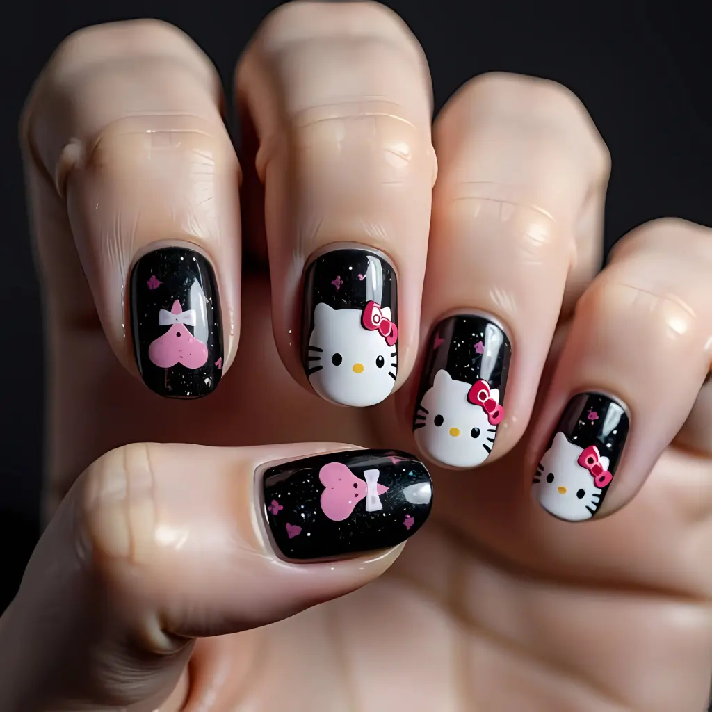 white and black  Hello Kitty Nail Art Design