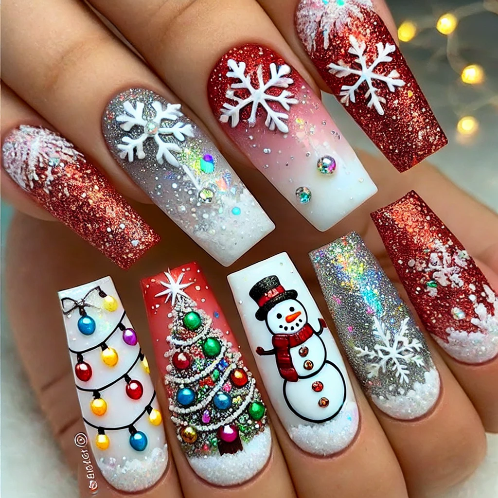 Christmas Tree and Ornament Nail Art