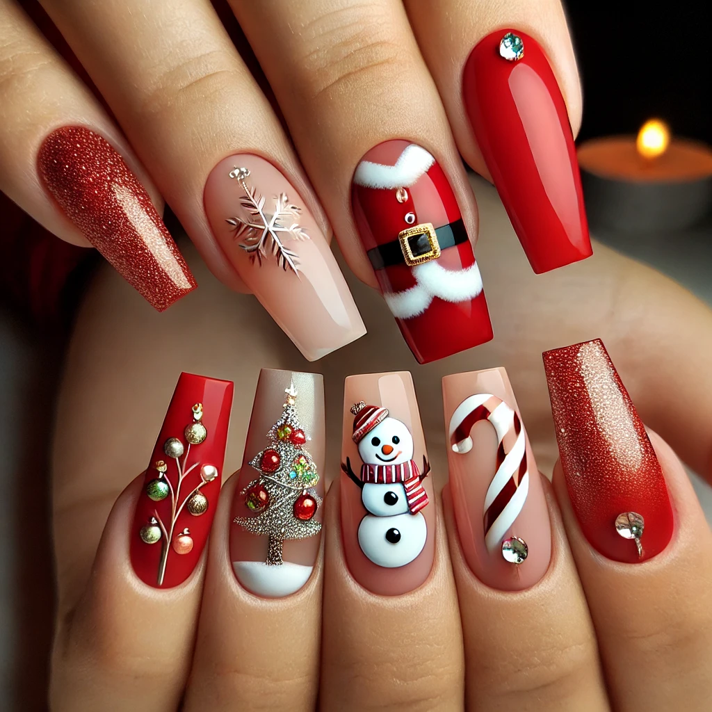 Classic Red and White Santa Suit Inspired Nails Designs