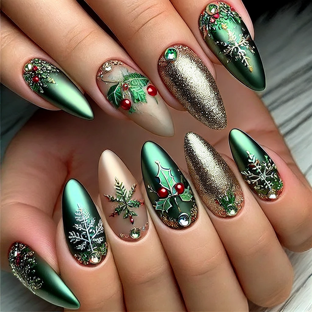 Glitter and Metallic Christmas Manicures nail art