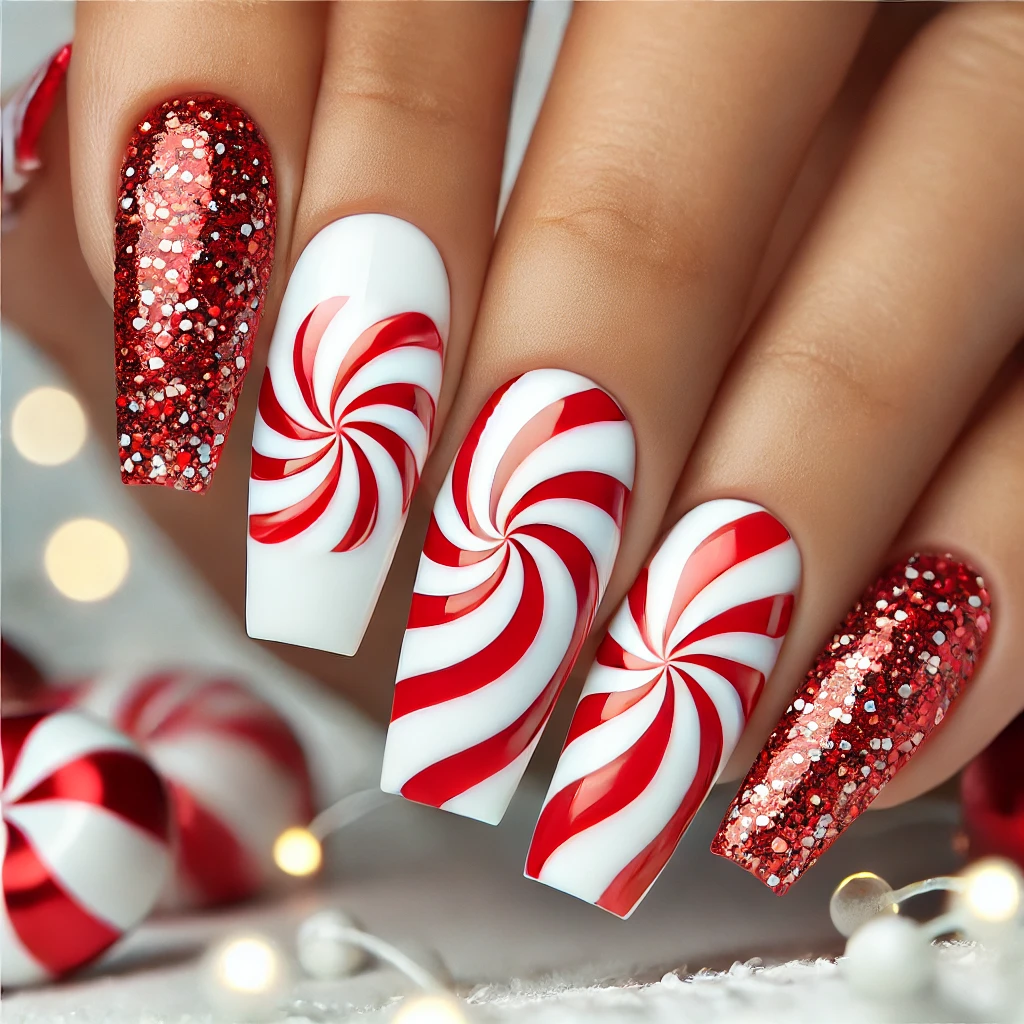 Peppermint Swirls Christmas Nail Designs