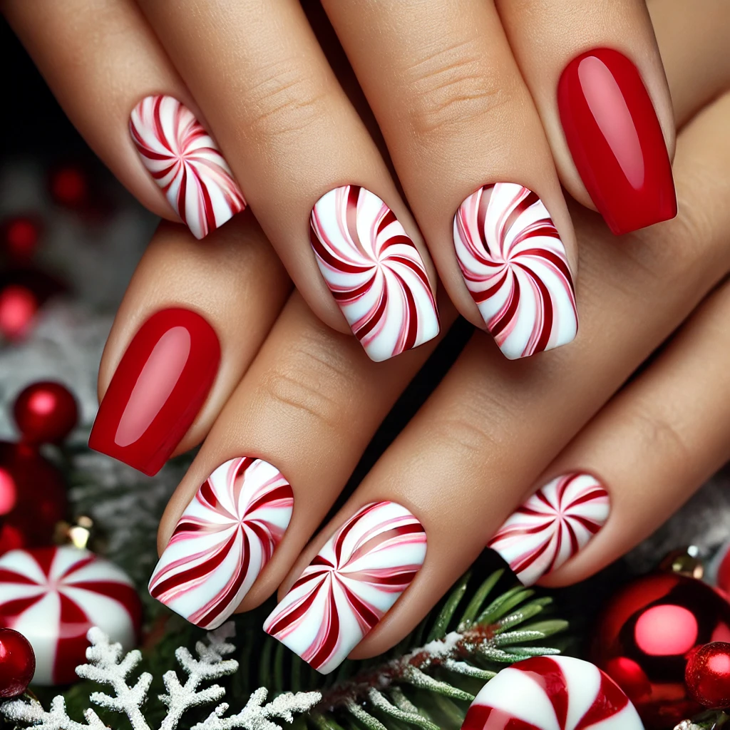 Peppermint Swirls Christmas Nail Designs