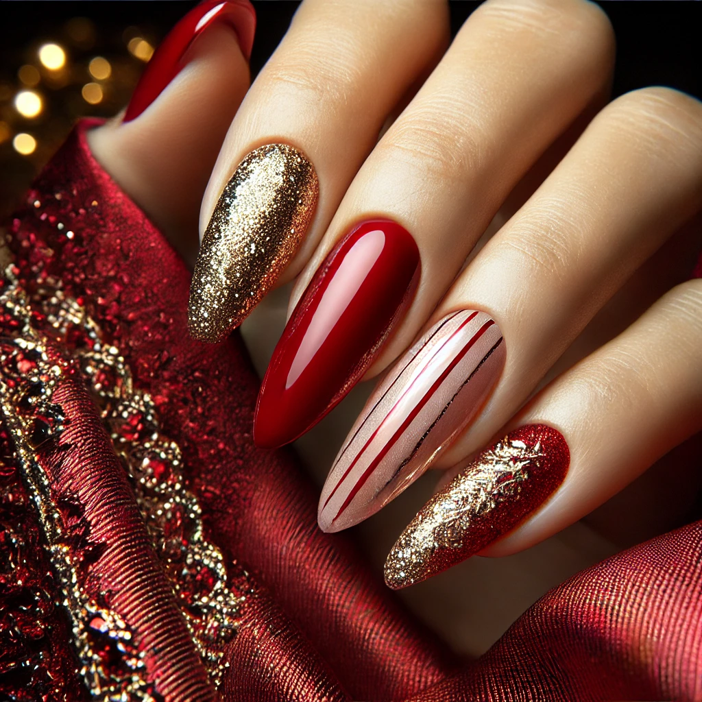 Red and Gold Glitter Combo Shine Nail Art