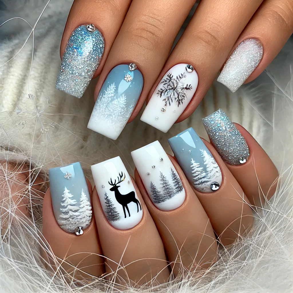 Snowflake Accent Christmas Nails Art 