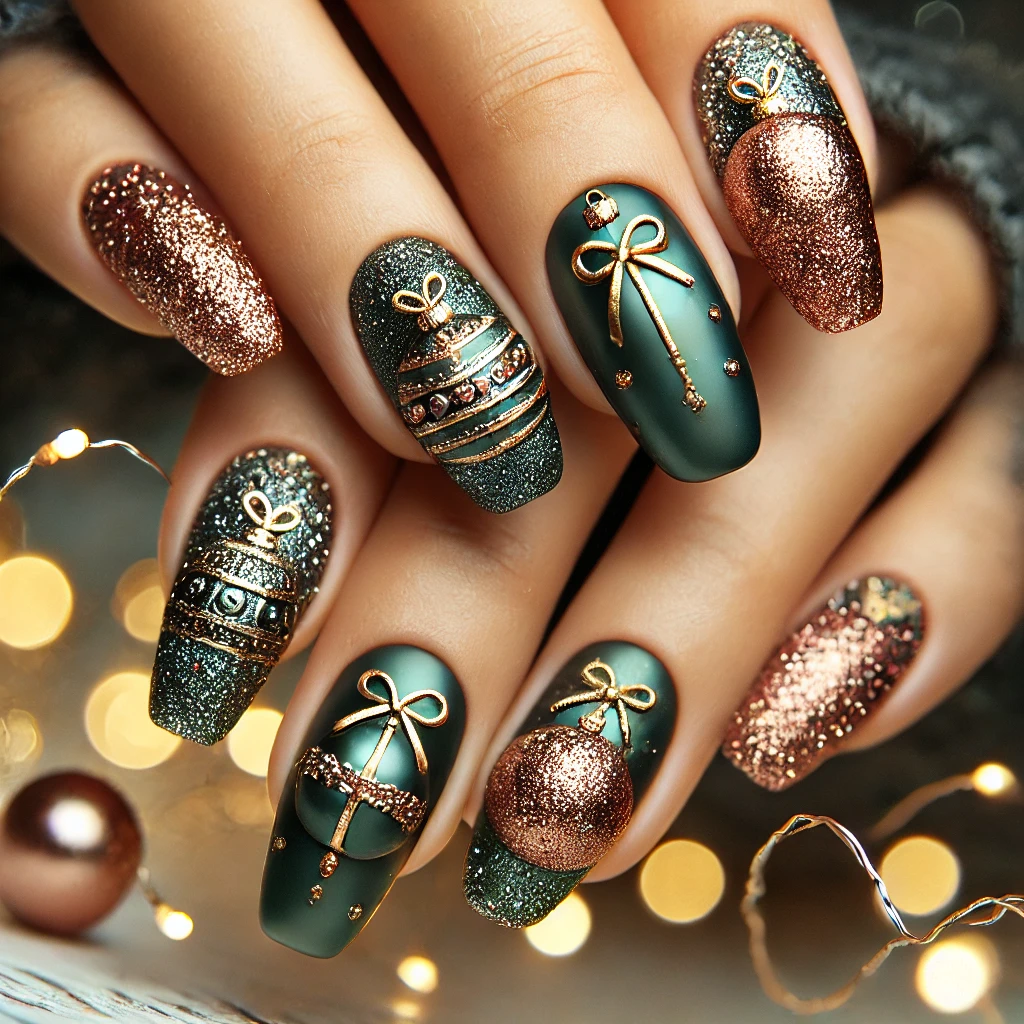 Christmas Bauble Designs in Green and Gold nail 