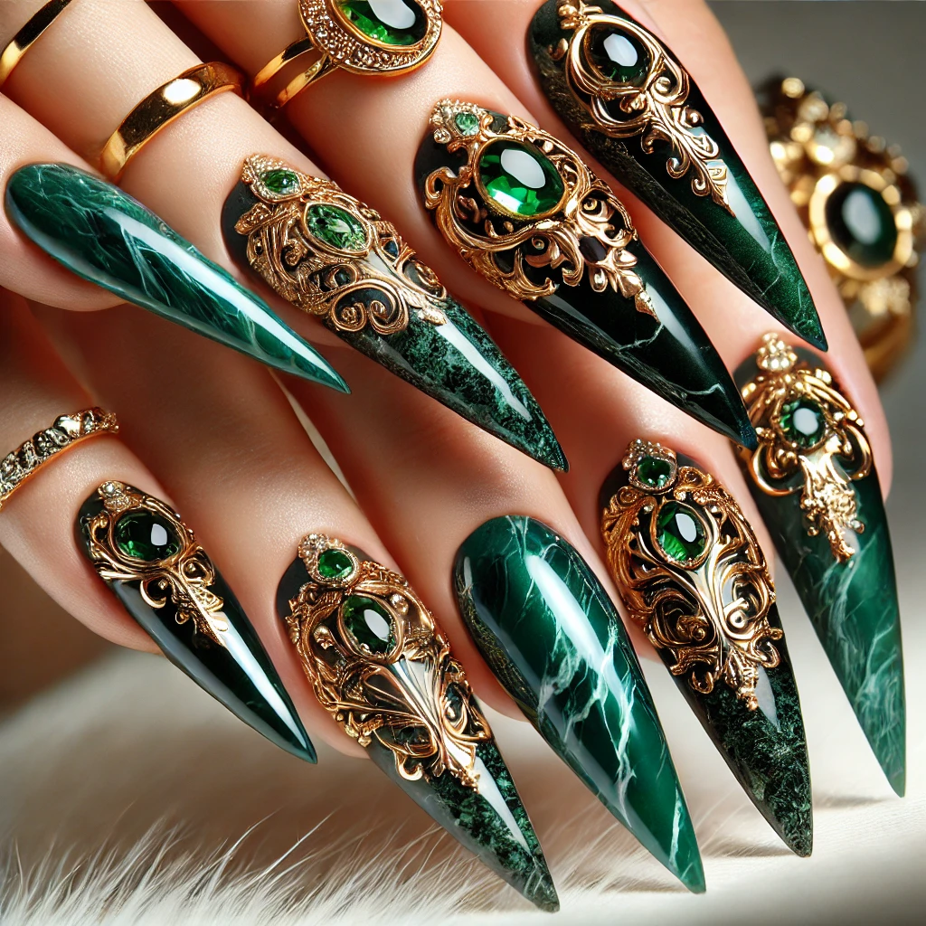 Green Marble Nails with Gold Veins nail design