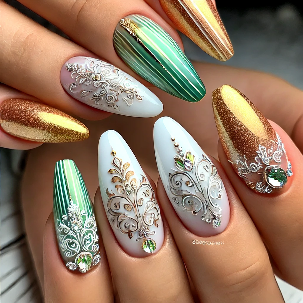 Green Base with Golden Snowflakes Nail Design