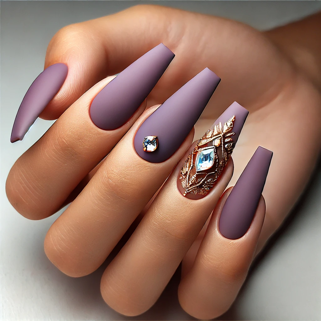 Dark Purple Matte with Rhinestones Color nail