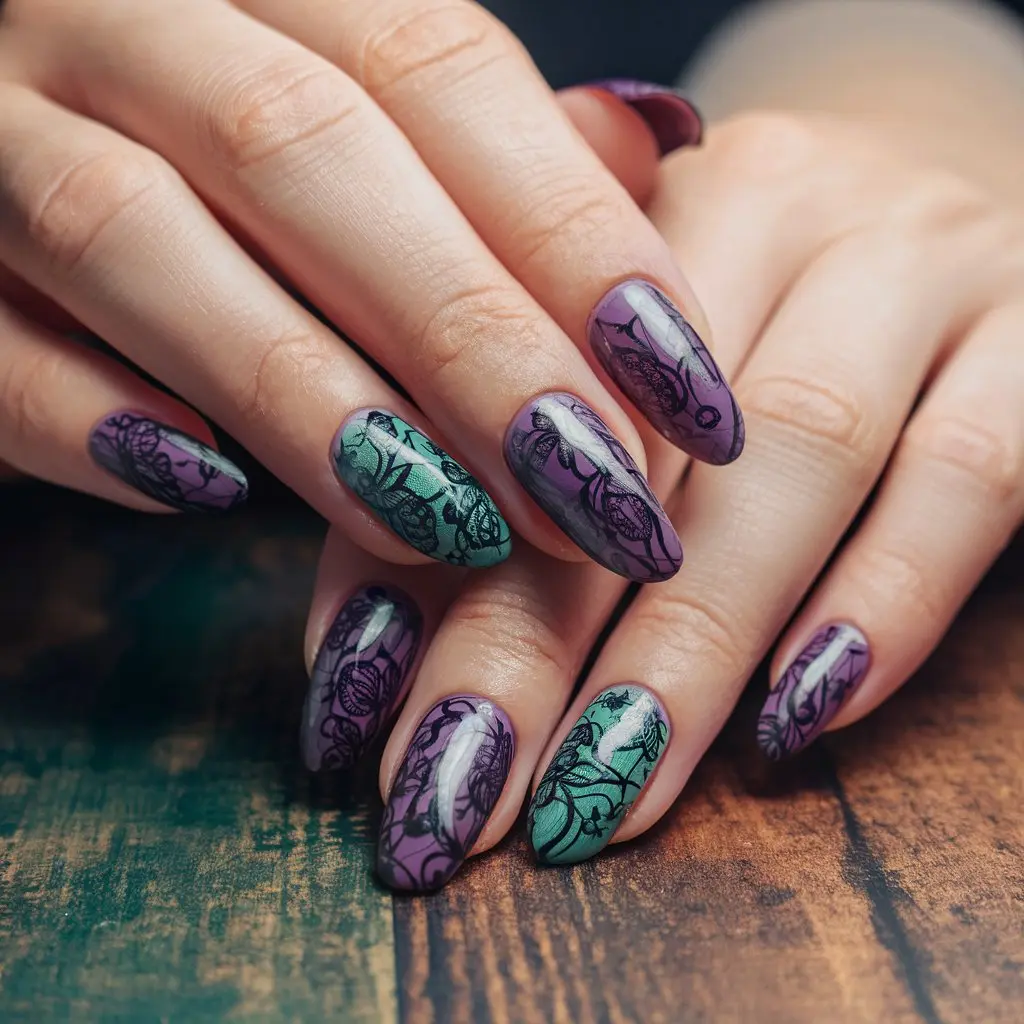 Dark Purple with Black Lace Patterns  nail