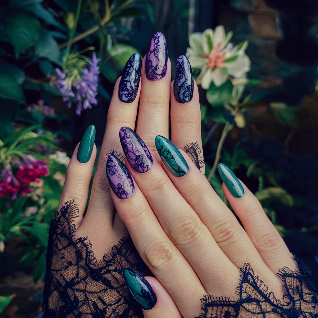 Dark Purple with Black Lace Patterns nail