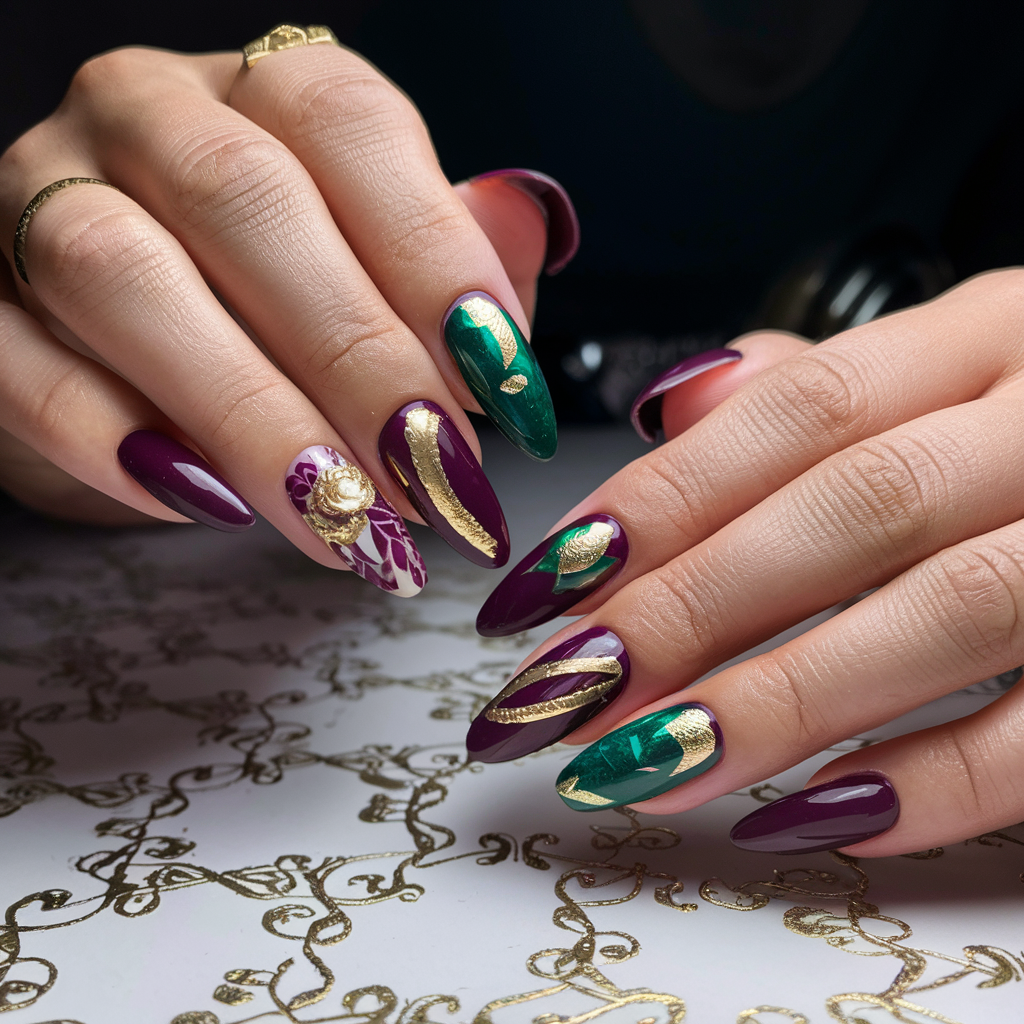 Deep Plum and Gold Accents nail design