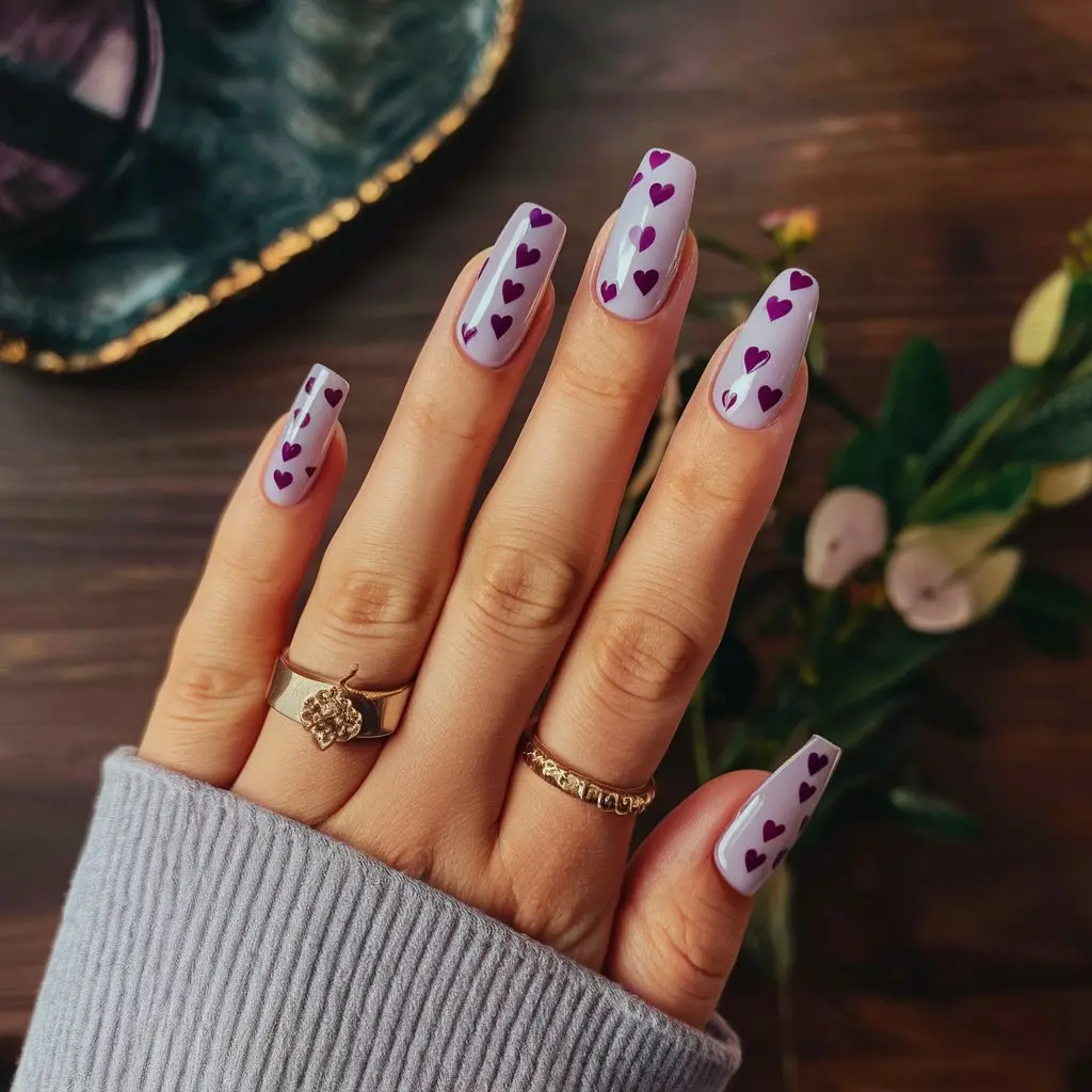 Lilac with Heart Patterns Nail art