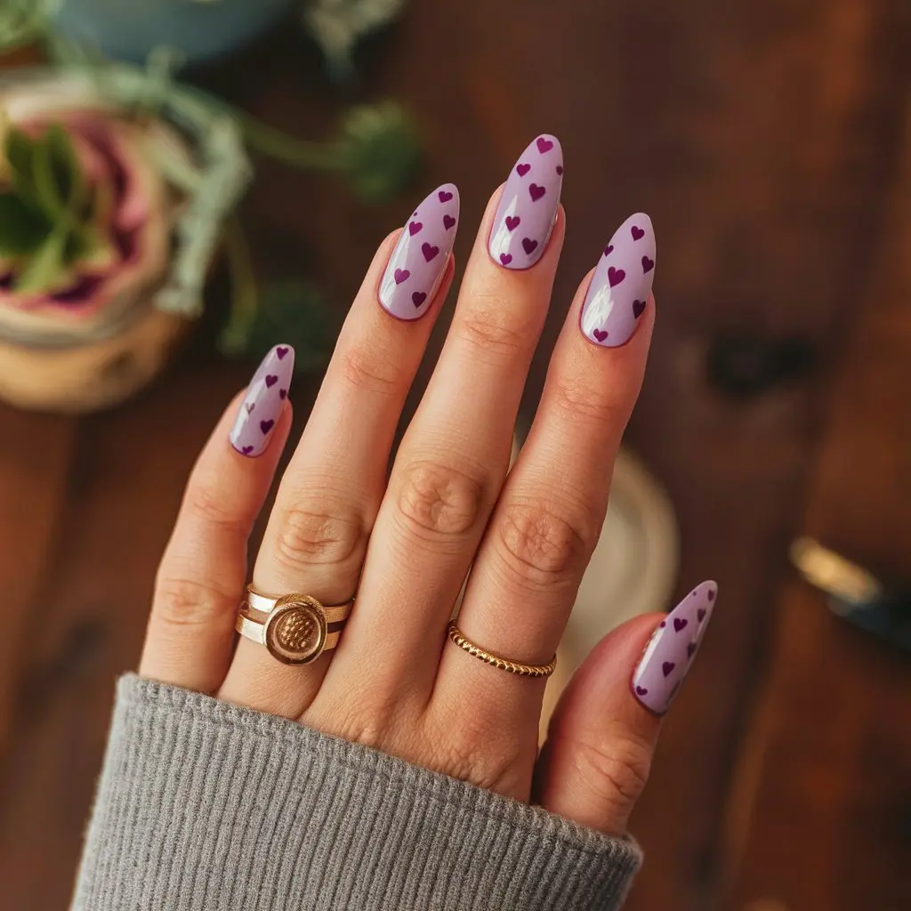 Lilac with Heart Patterns Nail design