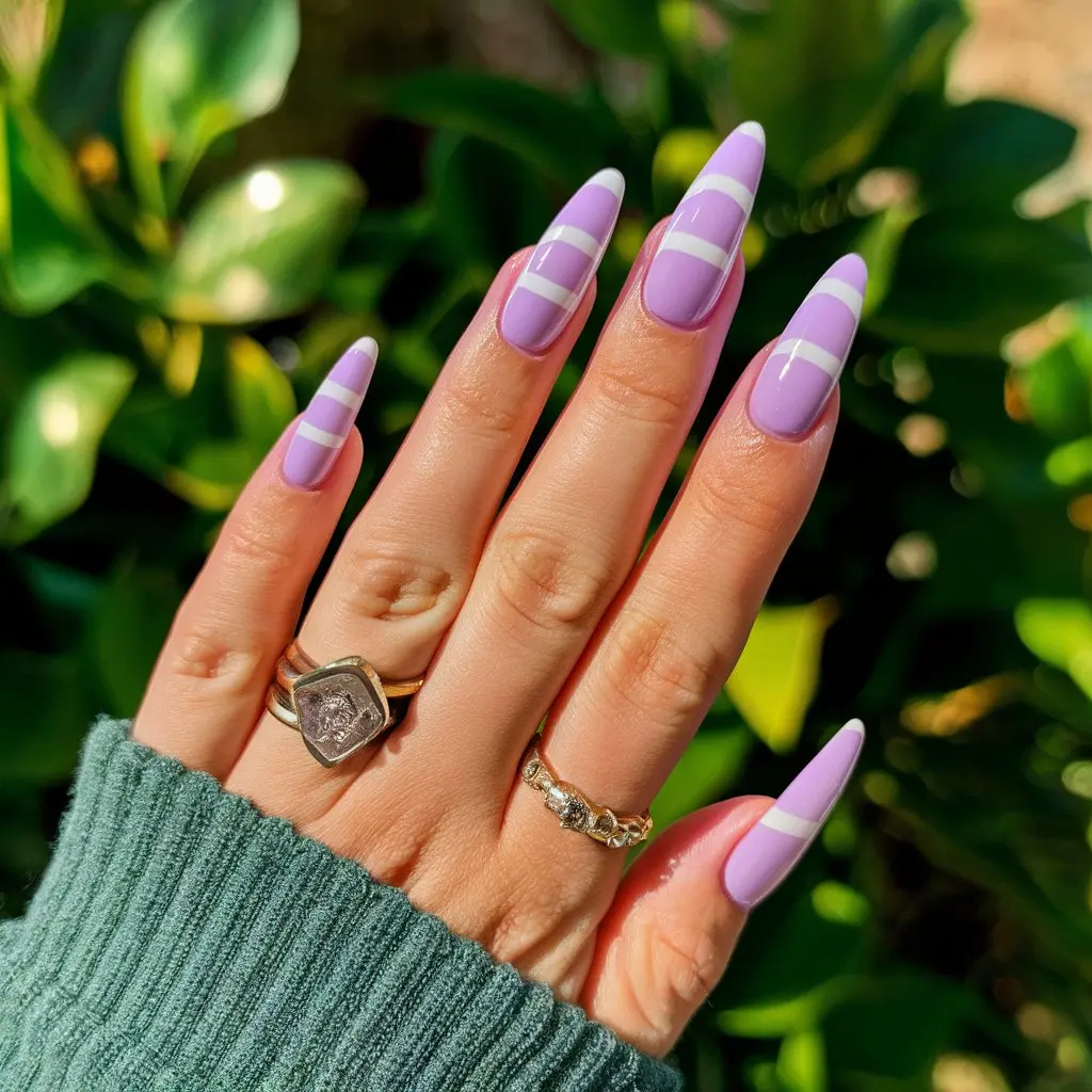 Pastel Purple with White Stripes Nail Design