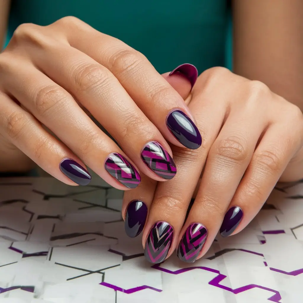 Purple and Black Geometric Patterns  nail